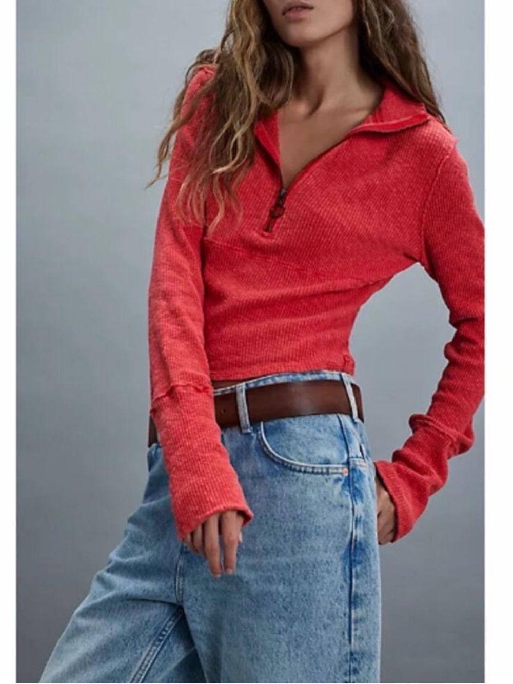 We The Free People Midnight Half Zip Pullover Ribbed Sweater Red Medium Fall
